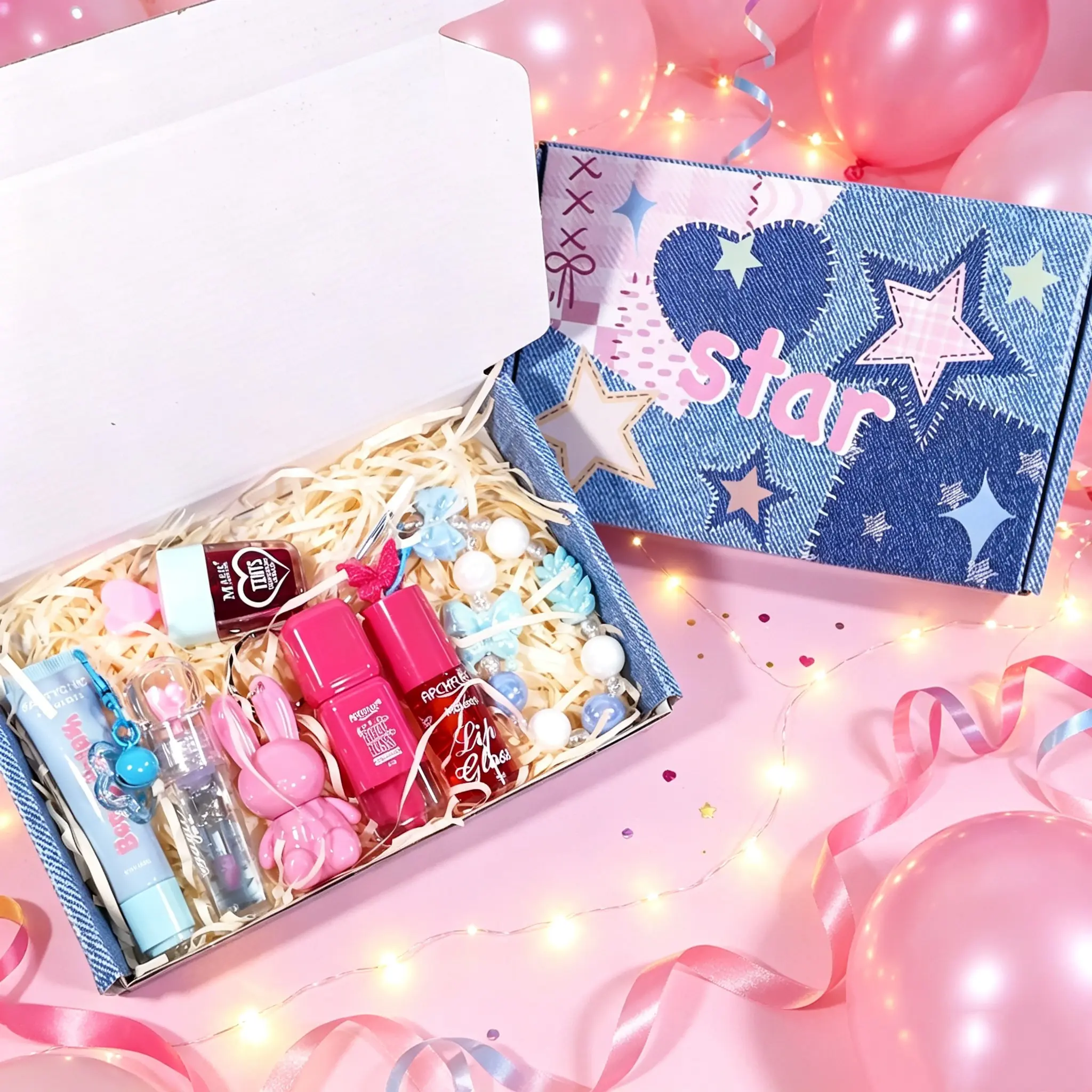 Blue Color Block Denim Star Lip Gloss Gift Box, 7pcs Multi-Color Shimmer Lip Glosses, Retro Denim Design, Perfect for Christmas Birthday Party Gifts