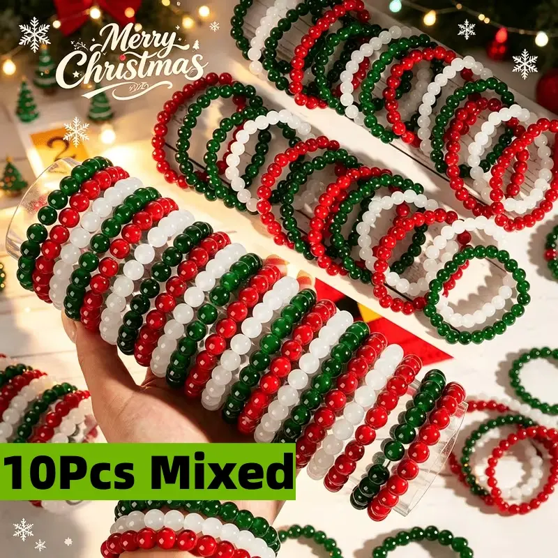 10Pcs Boho Christmas Stretch Bracelets Bulk, Classic Red-Green-White Glass Bead Bracelets for Women, Christmas Party Favors Goodie Bag Fillers Stocking Stuffers Holiday Gifts, Glass Beads, Boho Mix, Casual, Unisex