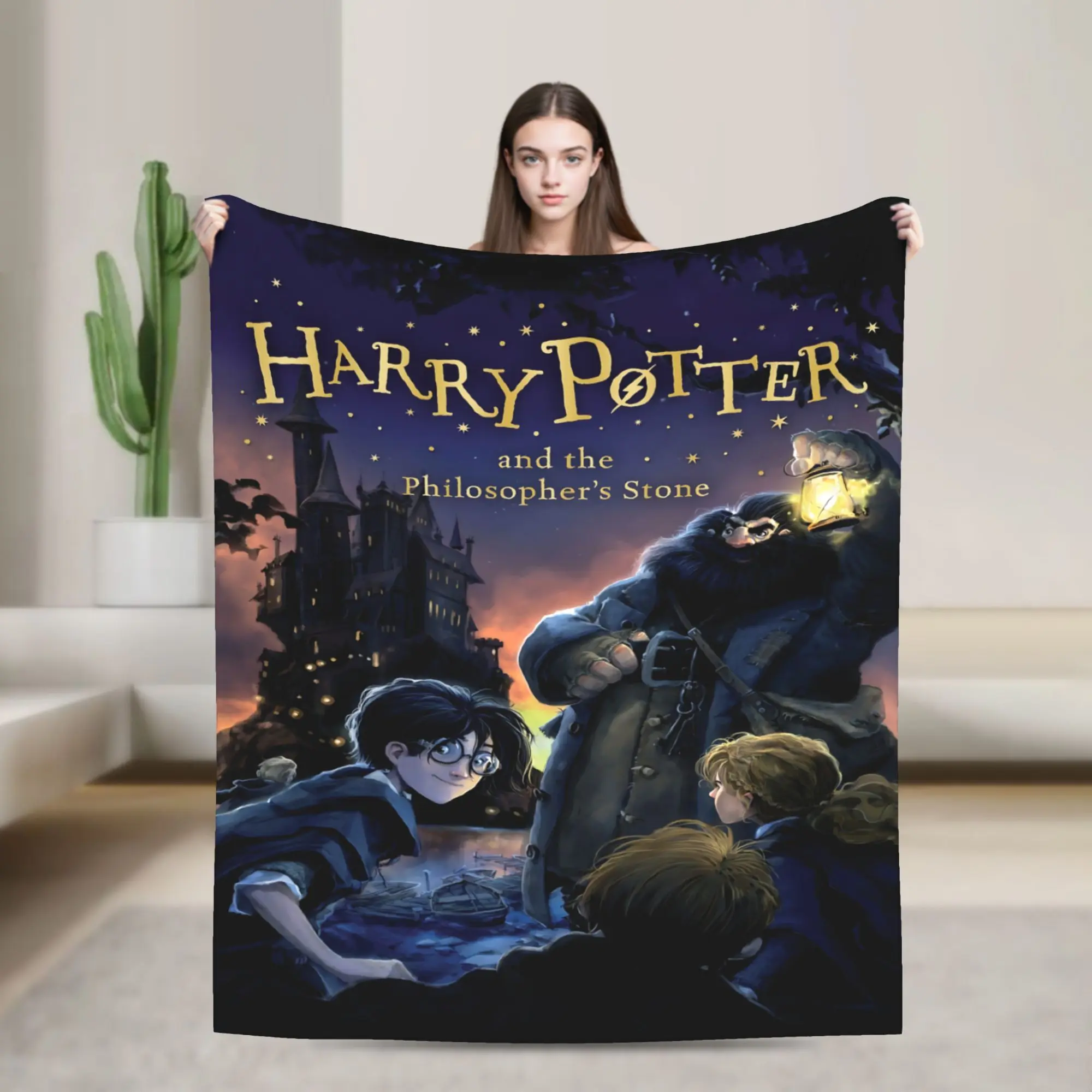 Harry Potter and The Philosopher's Stone Fleece Throw Blanket, Hogwarts Castle Hagrid Harry Hermione Ron Cozy Flannel Blanket, Soft Lightweight Blanket for Sofa Bed Bedroom, Wizard Fan Gift