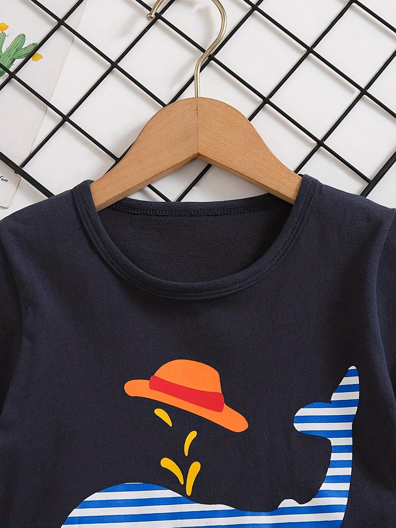 Boys' Casual Summer Outfit - Cute Cartoon Design with Whale & Hot Dog Graphic - Short Sleeve T-Shirt & Whale Shorts Set - Blue & White Striped Pattern - Regular Fit for Casual Attire - Boy Shorts - Everyday Kids Clothing - Playful Kids Fashion -