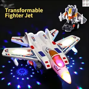 2 in 1 Transformable Fighter Jet Robot Toy, Electric Omni-directional Moving Plane with Flashing LED Lights & Cool Music, Auto Transform Airplane Robot Kids Gift for Boys Toddlers