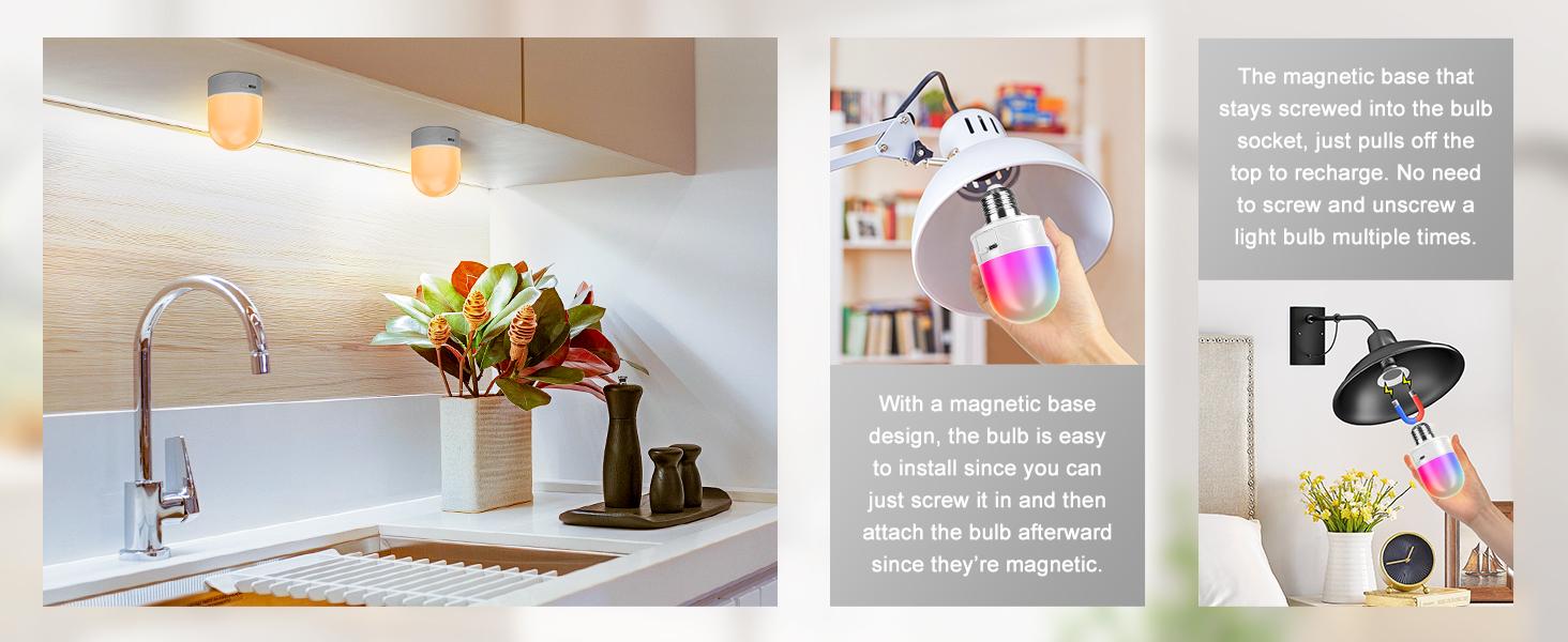 E26 Rechargeable LED Light Bulb Emergency Bulb with Remote and Timer, Battery Backup Bulb for Sconces and Lamps, Magnetic Bulbs for Non-Hardwired Fixture, 3 Color Temperatures CCT RGB Colors, Dimmable