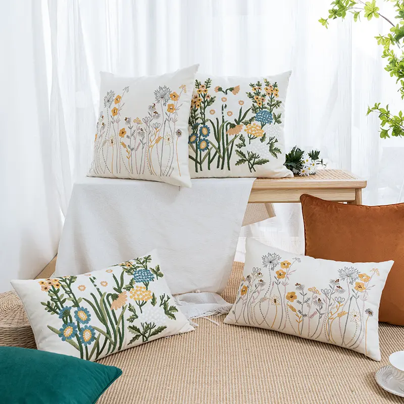 Modern pastoral style pure cotton canvas embroidered pillowcase for homestay model room, headboard, bay window cushion pillowcase