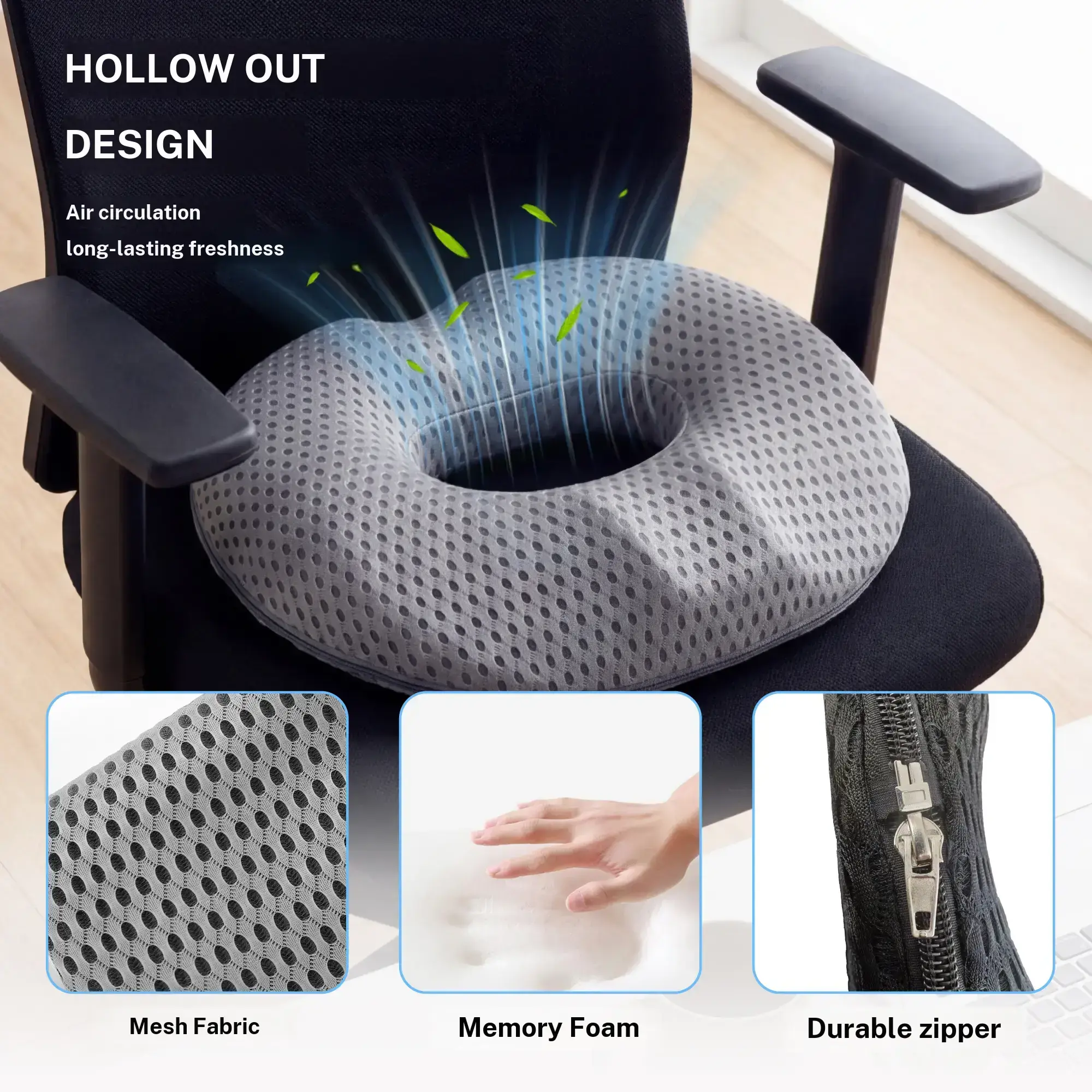 Donut Memory Foam Seat Cushion for Office Chairs, Car Seats, Wheelchairs – Ergonomic Coccyx Pillow for Seniors, Pregnant Women, Driving; Relieves Back, Sciatica, Tailbone Pain, Breathable Mesh Cover, Hollow Suspension Design for Long Sitting Comfort summe