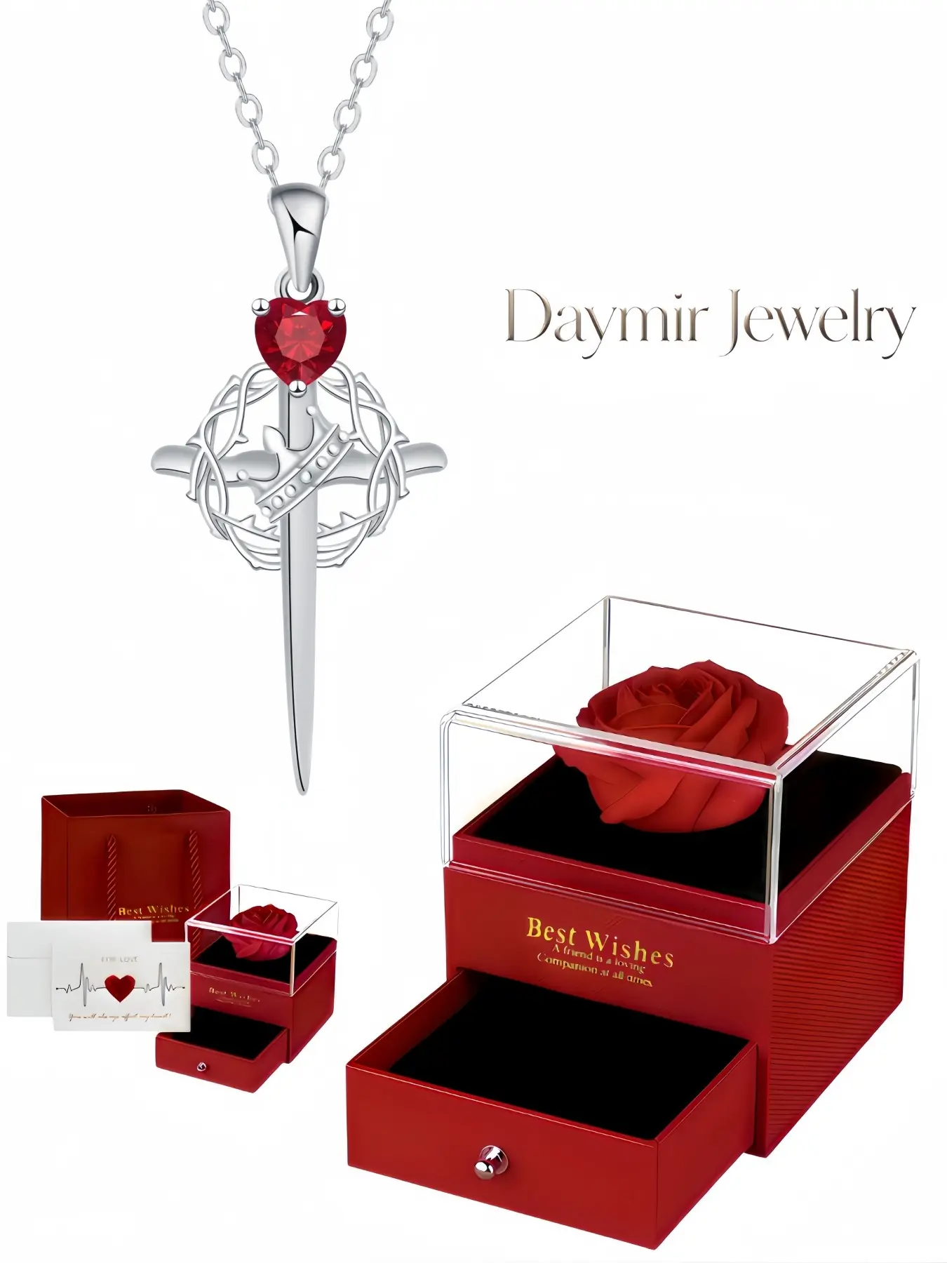 "Heart Radiance Guardian" Original Crown Ruby Cross Pendant Necklace. Vintage & premium aesthetic, paired with simulated everlasting rose jewelry box. Ideal gift for birthdays, Mother's Day, Valentine’s Day and Christmas for your beloved ones.