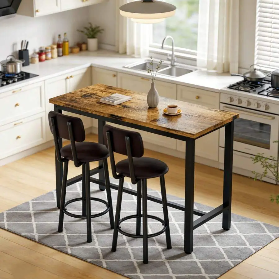 Faux Pub Height Table Set 2, 3-Piece Rectangular Bar Table And Chairs Set, Space-Saving Counter Height Bistro Table Set With 2 PU Upholstered Stools, Backrest & Footrest, Bistro, Pub, Bar