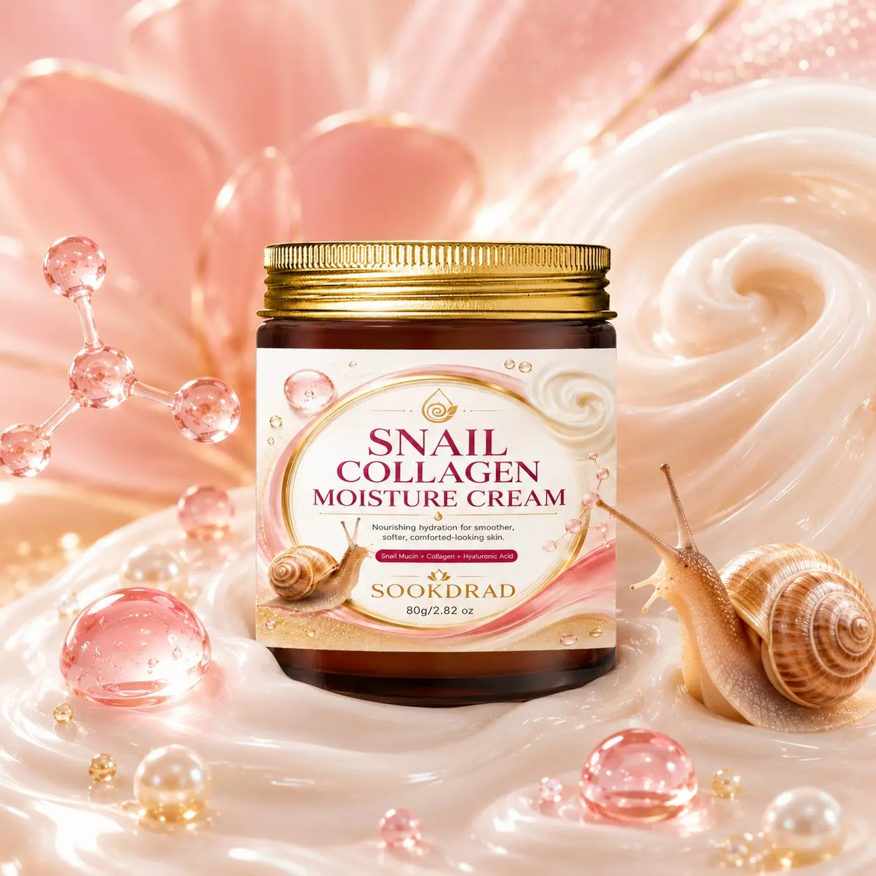 Snail Collagen Moisture Cream, Snail Mucin, Collagen, Hyaluronic Acid, nourishing hydration, smoother skin, softer skin, comforted-looking skin, facial moisturizer, 80g/2.82 oz
