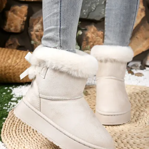 Women's Fall Winter Butterfly Knot Thick Sole Snow Boots, Faux Suede Short Cuff Cotton Shoes, Slip-On Warm Casual Footwear