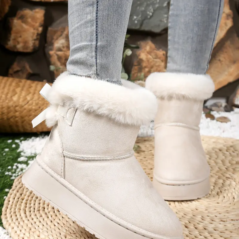 Women's Fall Winter Butterfly Knot Thick Sole Snow Boots, Faux Suede Short Cuff Cotton Shoes, Slip-On Warm Casual Footwear