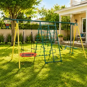 Kids Outdoor Play Set - 611-in-1 Backyard Swinging Patio Set with Climbing Frame, Net, Glider, Hammock, Belt Seat, Basketball Rim, Heavy Steel A-Frame, 700lb Capacity