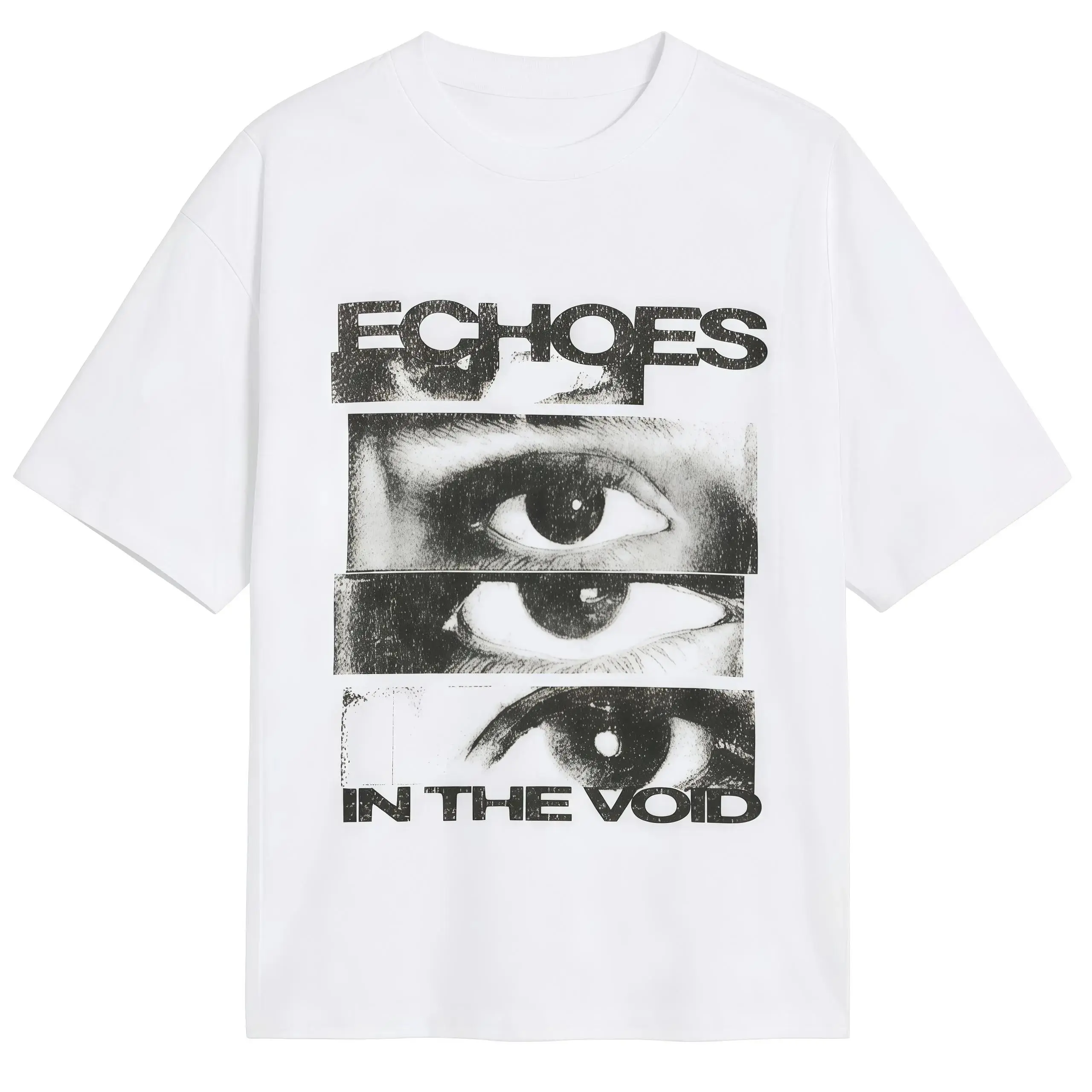 Loose Fit Graphic T-Shirt, Dark Style Eyes Echoes In The Void Printed Craft Tee, Soft Breathable Casual Short Sleeve Top, Trendy Grunge Aesthetic Everyday Wear For Men Women, Fashion Street Goth Shirt For summervibes, Monochrome Eye Art Casual Outfit