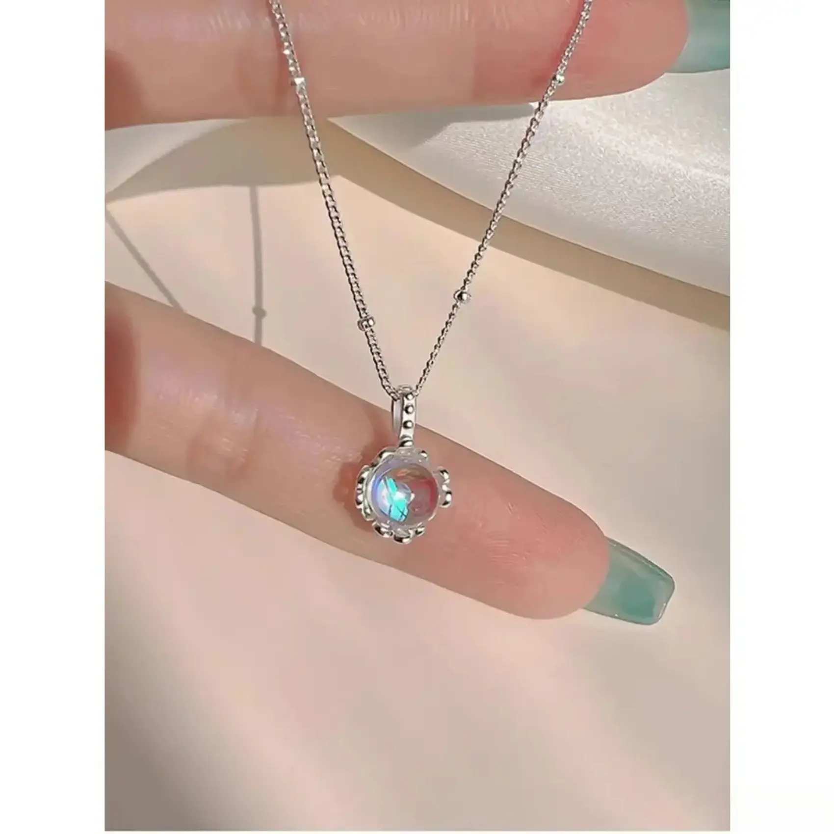 Minimalist Dainty Women Necklace, Petal Shape Frame Shiny Moonstone Zircon Pendant, Delicate Silver Beaded Chain, Elegant Daily Wear Jewelry, Thoughtful Decorative Accessory Gift For Ladies On Birthday, Valentine’s Day And Anniversary