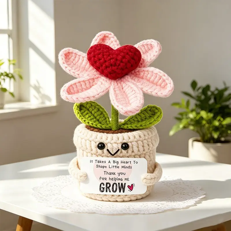 Cute Crochet Emotional Support Plant, Heart-Shaped Planter Plush Toy with Encouragement, Soft Crochet Emotional Support Doll, Valentine's Day, Mother's Day Gift