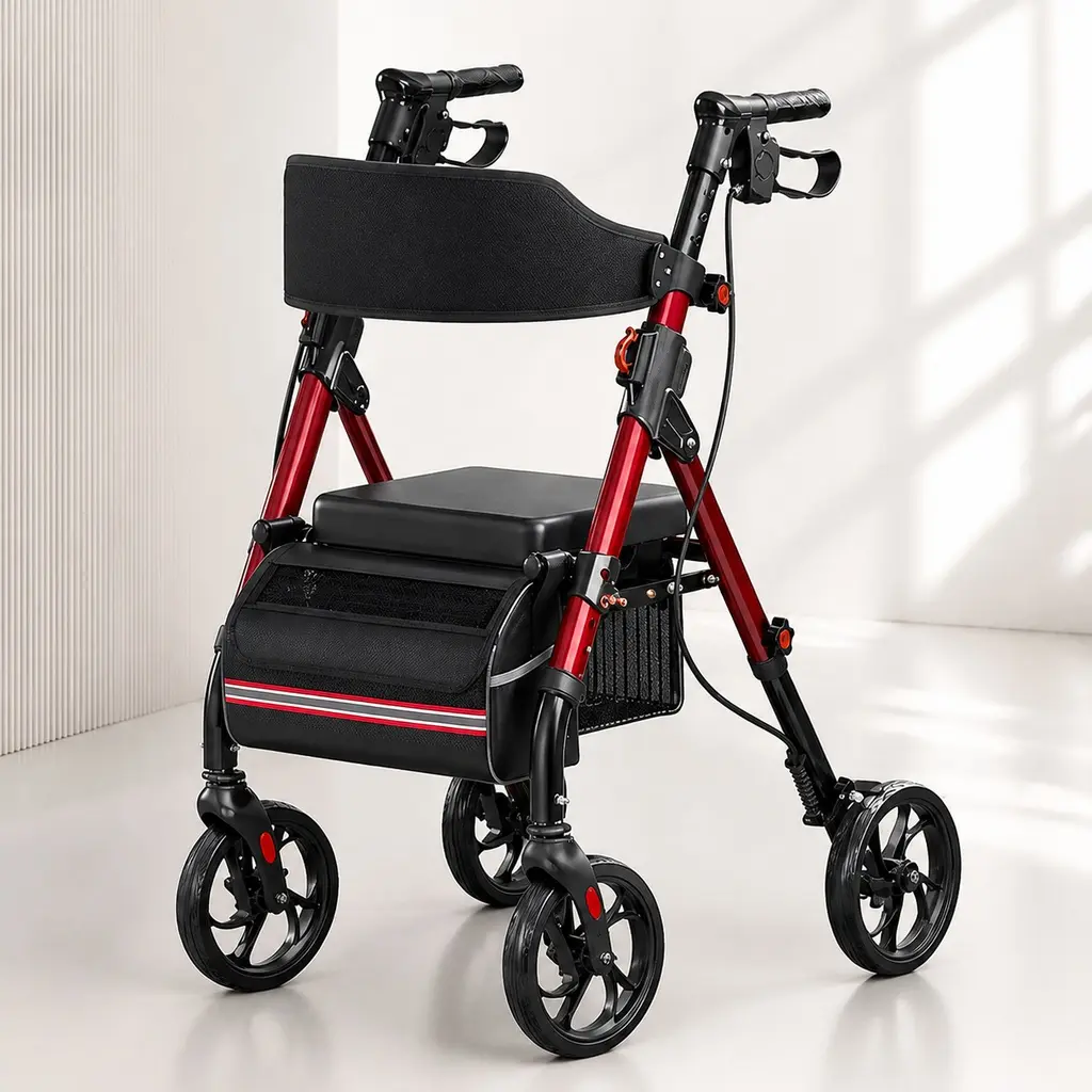 ARCH Foldable Rollator Walker with Seat for Seniors, 350 lb Capacity, 8'' Big Wheels, 6-Position Height Adjustability, Hybrid Aluminum-Carbon Steel Frame, Red, Indoor-Outdoor Mobility Aid, Under-Seat Storage Pouch, 19.56 Lb, Reflective Strips, 350Lb