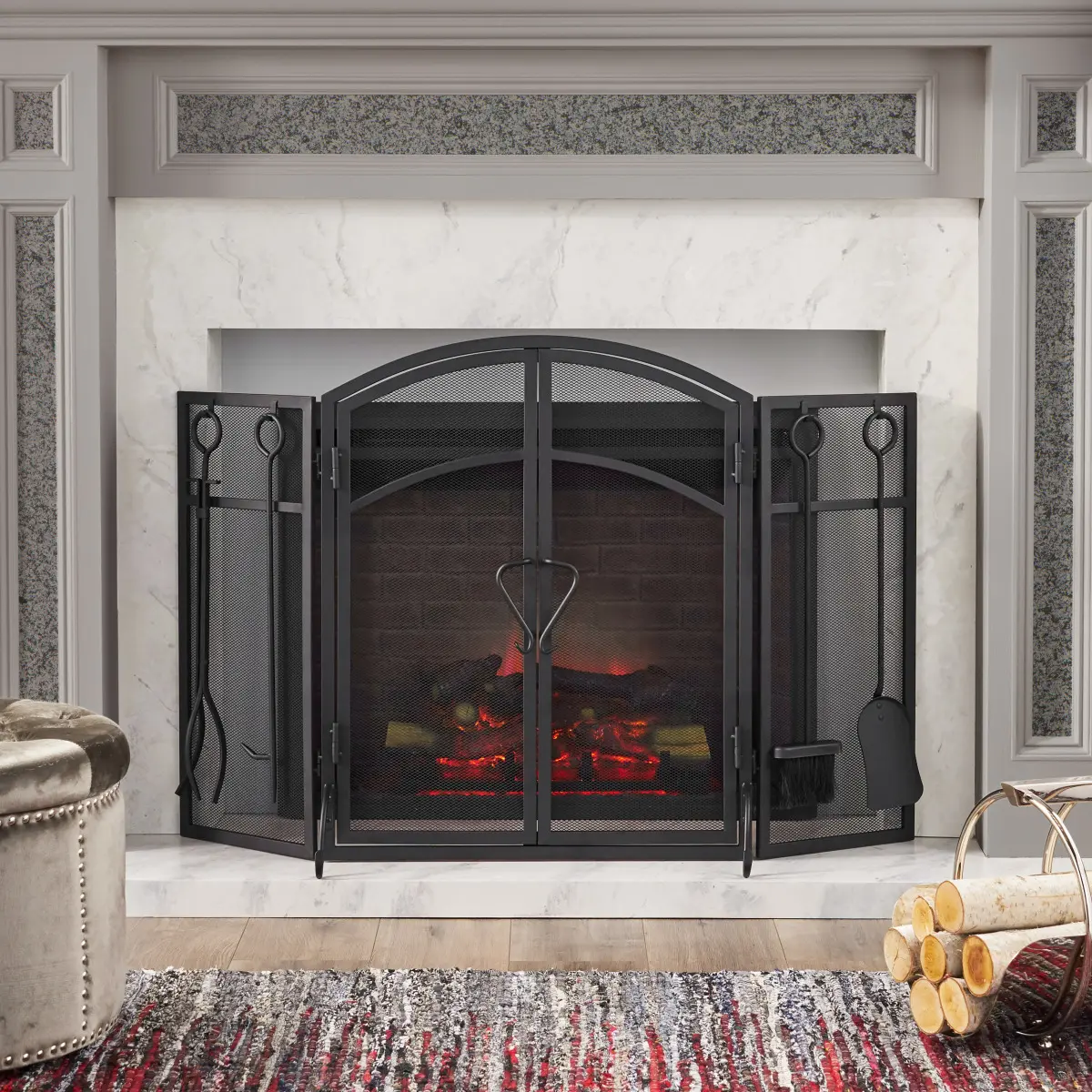 Foldable 3-Panel Fireplace Screen with Modern Camelback Silhouette, Iron Wire Mesh Screen Doors, Hinged Access, 50.5x5.5x32in, 4-Piece Tools Included, Prevents Embers from Flying Out