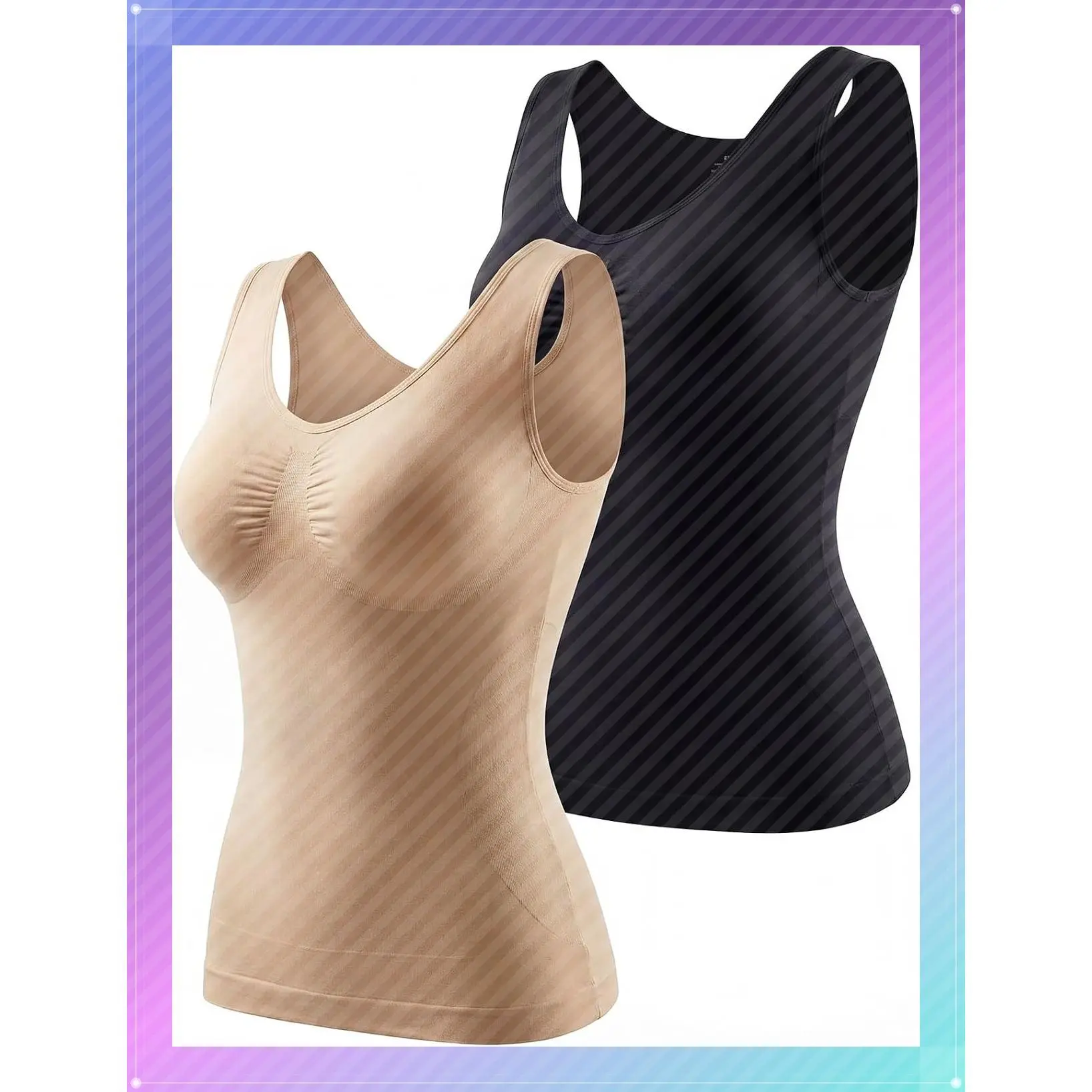 Women's Shapewear Tank Tops 2 Pack - Tummy Control Compression Undershirts in Black & Nude, Medium Support Shaping, No Roll or Shift, Lightweight Breathable for Daily Wear and LayeringGift