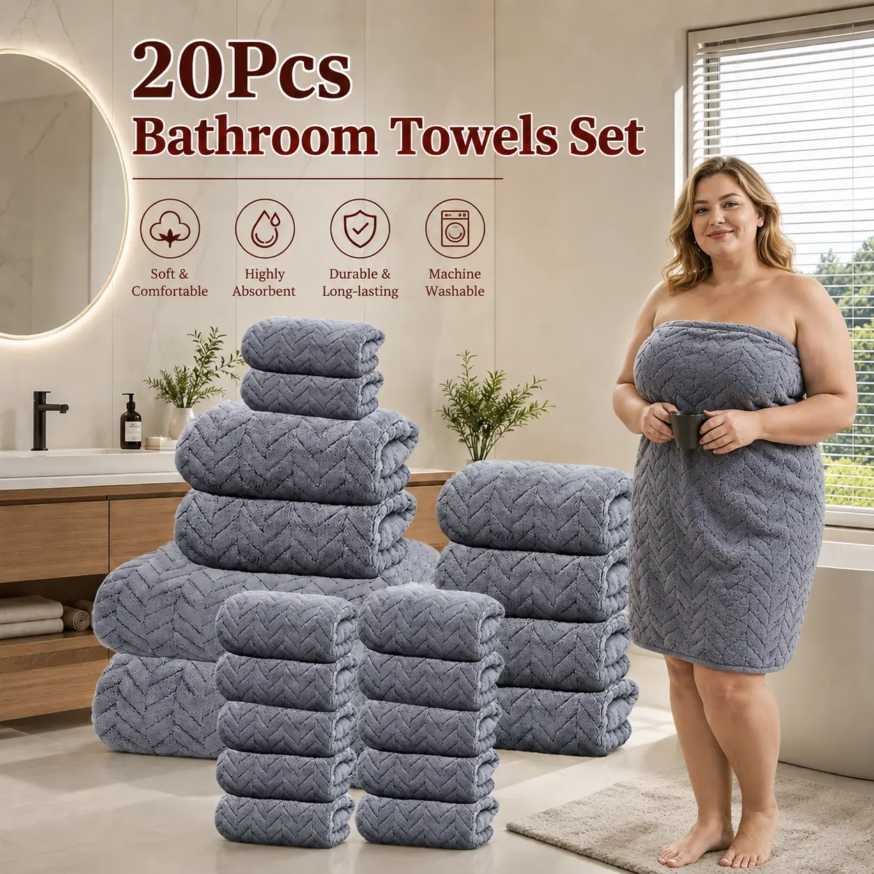 20PCS Microfiber Towel Set, Includes 12 Washcloths, 6 Hand Towels & 2 Large Bath Towels, Quick-Dry Highly Absorbent Soft Towels with Hanging Loop, Multi-Color Bathroom Towel Set for Home, Hotel, Spa & Guest Use