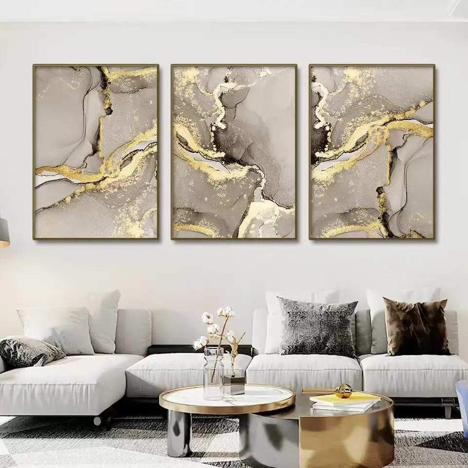 3pcs Marble Gold Abstract Bedroom Wall Art Poster, Luxury Oil Painting Modern Living Room Home Decor Unframed Canvas Paintings