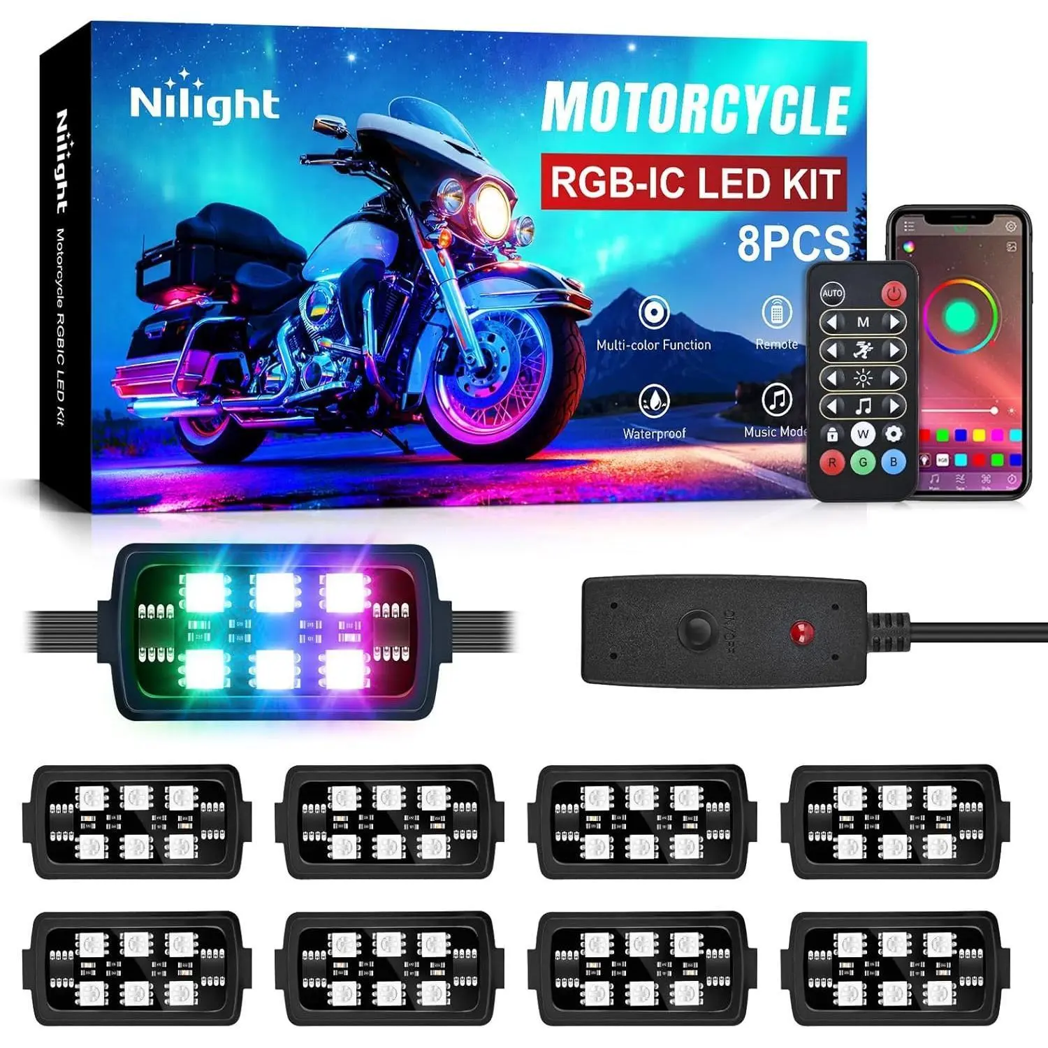 Nilight 8PCS Motorcycle RGB Underbody LED Underglow Lights & Kits, Waterproof Dream Color Accent Lights, APP & Remote Control Neon Pods for Harley Davidson, Honda, Kawasaki, Car, Golf Cart