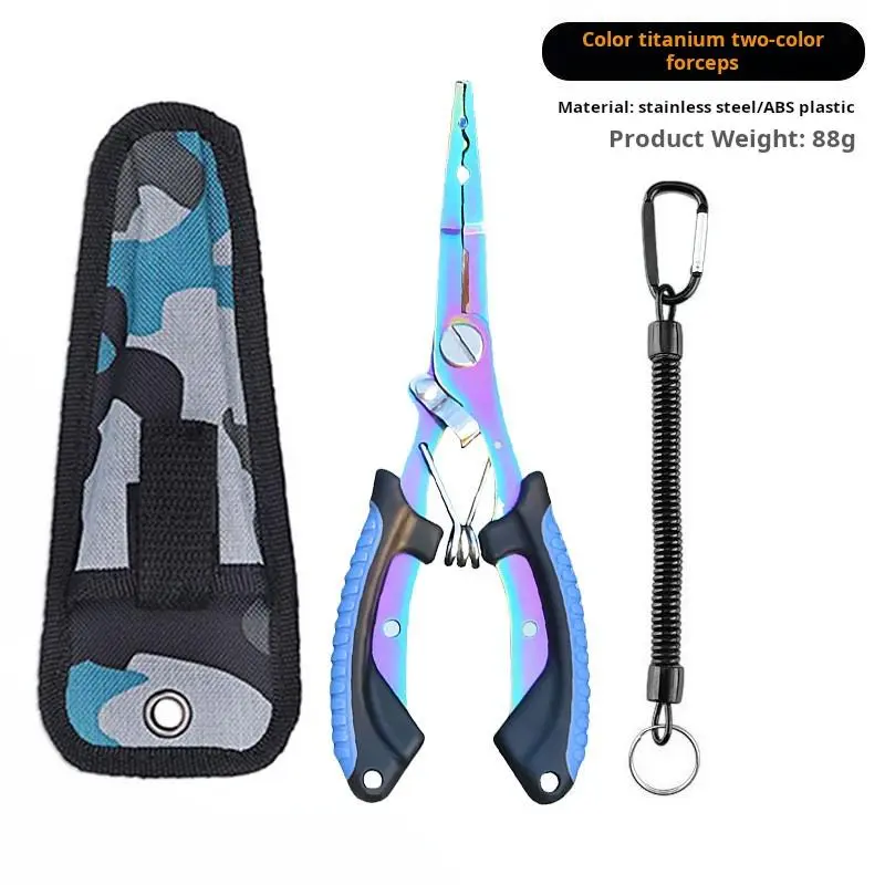 Fishing Pliers with Braid Cutter, Long Nose Split Ring & Hook Remover Tool, Rainbow Titanium Coated, Spring Loaded with Safety Lock, Lanyard & Sheath for Freshwater & Saltwater Fishing