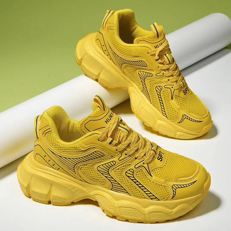 GGOR Men's Male Bright Yellow Solid Platform Low-Top Lace-Up Sneakers - Height Boost, Retro Athletic Round Toe, Comfortable, Universal for Hiking Casual, Summer Daily Outdoor Use, Lace-Up Closure, Outdoor Wear, Pu Upper, Retro Round Toe, Vintage Preppy, N