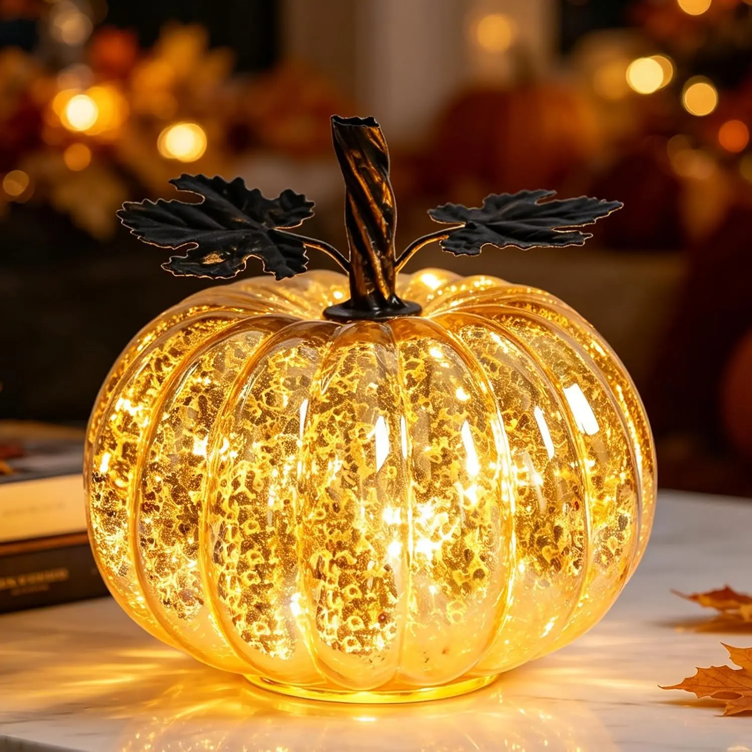 Mercury Glass Pumpkin Lighted Fall Halloween Thanksgiving Decor  | Fall Pumpkin Lights with Timer   Night Pumpkins Autumn for Indoor Outdoor Table Office Decor or Gifts