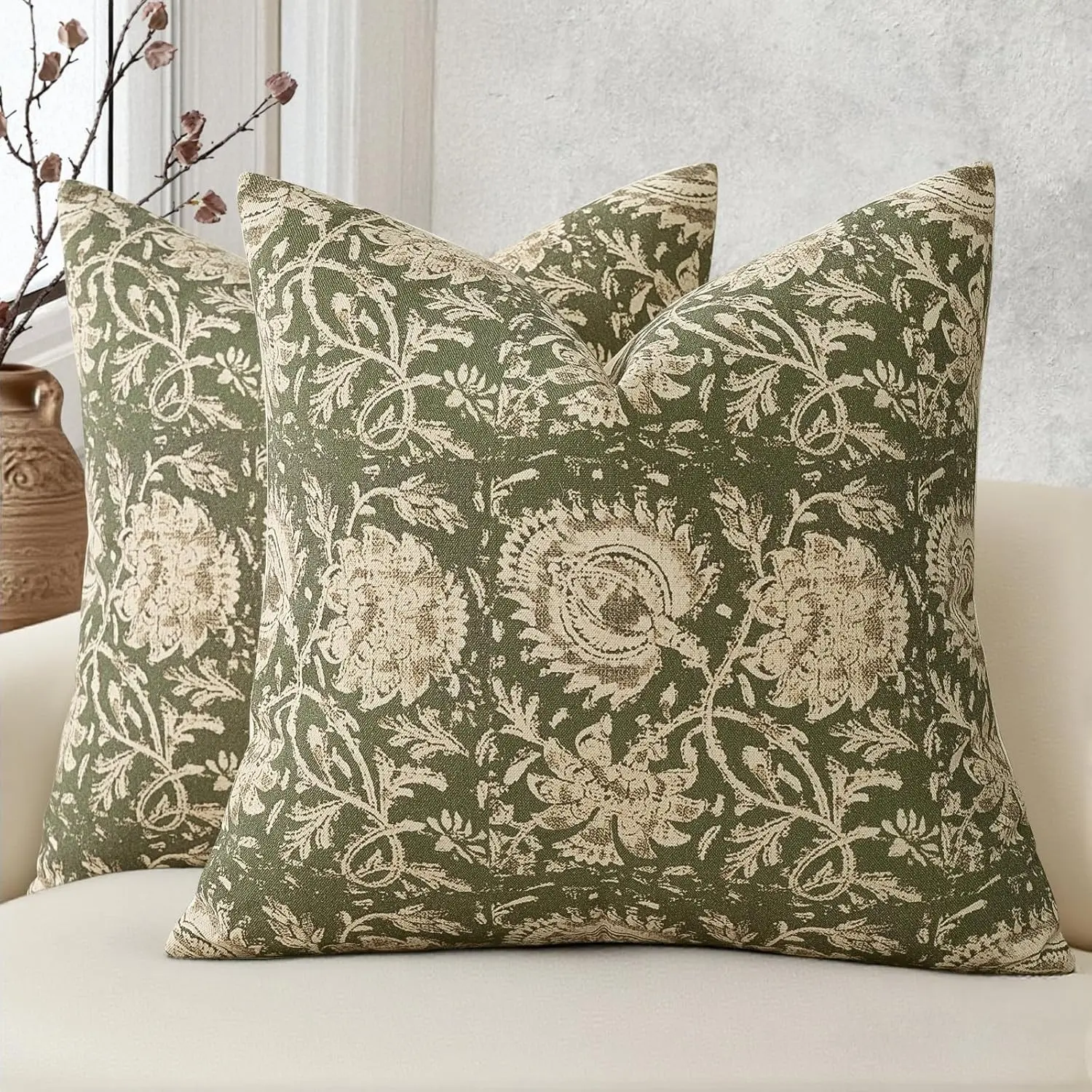 2PC 18x18" Neutral Vintage Floral Pillow Covers | Modern Farmhouse Couch Decor Aesthetic | All-Season Home Essential & Holiday Must-Have 🌼 | Perfect Gift Choice for Friends & Family | Room Cozy Accessories