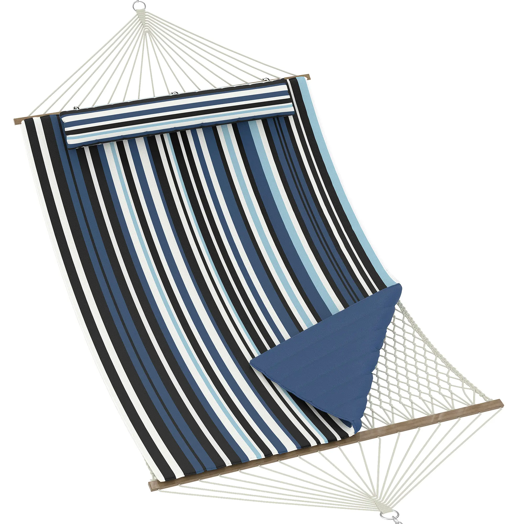 Sturdy Outdoor Leisure Hammock Equipped with Reinforced Spreader Bars, Complete with Thick Quilted Cushion and Detachable Pillow, Simple Tool-Free Setup Suitable for Garden and Patio