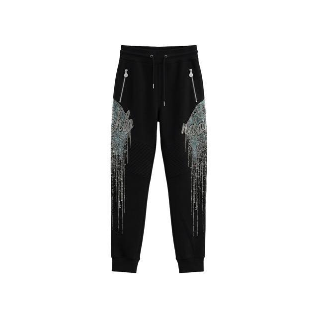 Sparkly Crystal Fringe Joggers - Cyber Y2K Streetwear - Black Moto Wings Detail Sweatpants