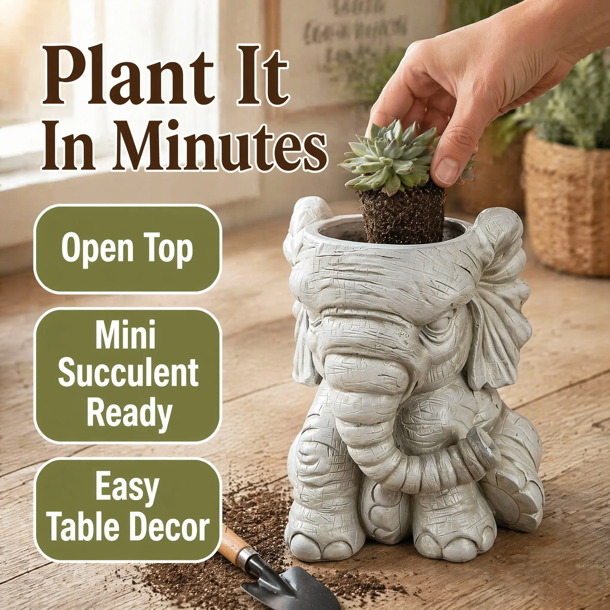 Sitting Elephant Resin Succulent Planter Pot, Creative Animal Shaped Cactus Flower Pots, Small Decorative Flower Vase Planters for Indoor Outdoor Plants, Balcony Patio Yard Garden Waterproof Sunproof Home Decor, Modern Ornament Gift Ideas for Plant Lovers