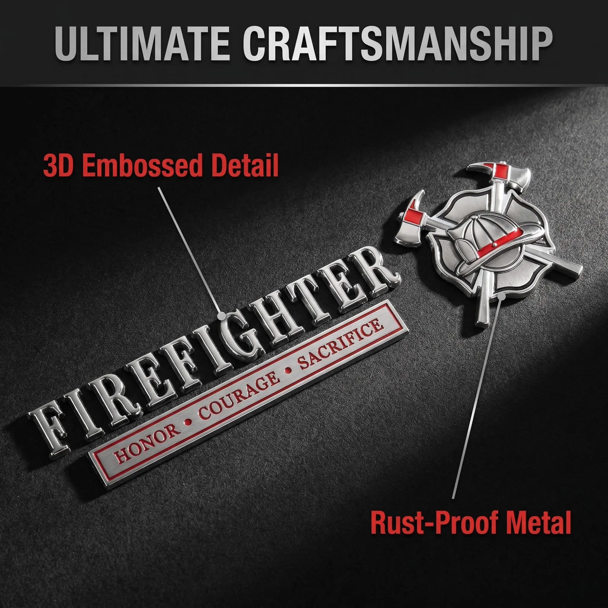 A timeless tribute to the honor, courage, and sacrifice of firefighters. This car badge, crafted from high-grade metal, boasts a substantial feel and exudes premium quality.