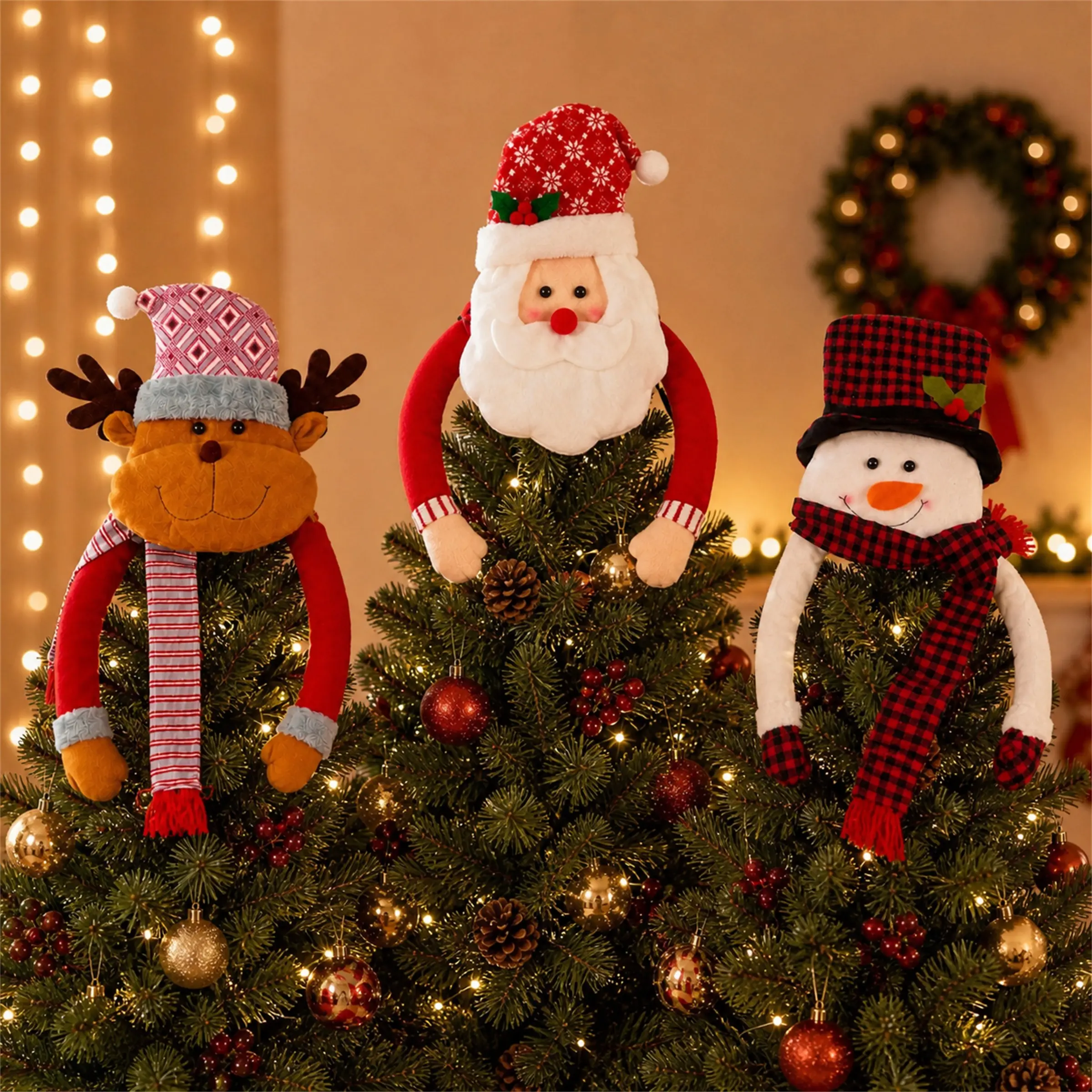 New Christmas Tree Top Star Doll Set, Plaid Santa Snowman Reindeer Plush Decor, Holiday Home Ornament, Indoor Festival Decoration