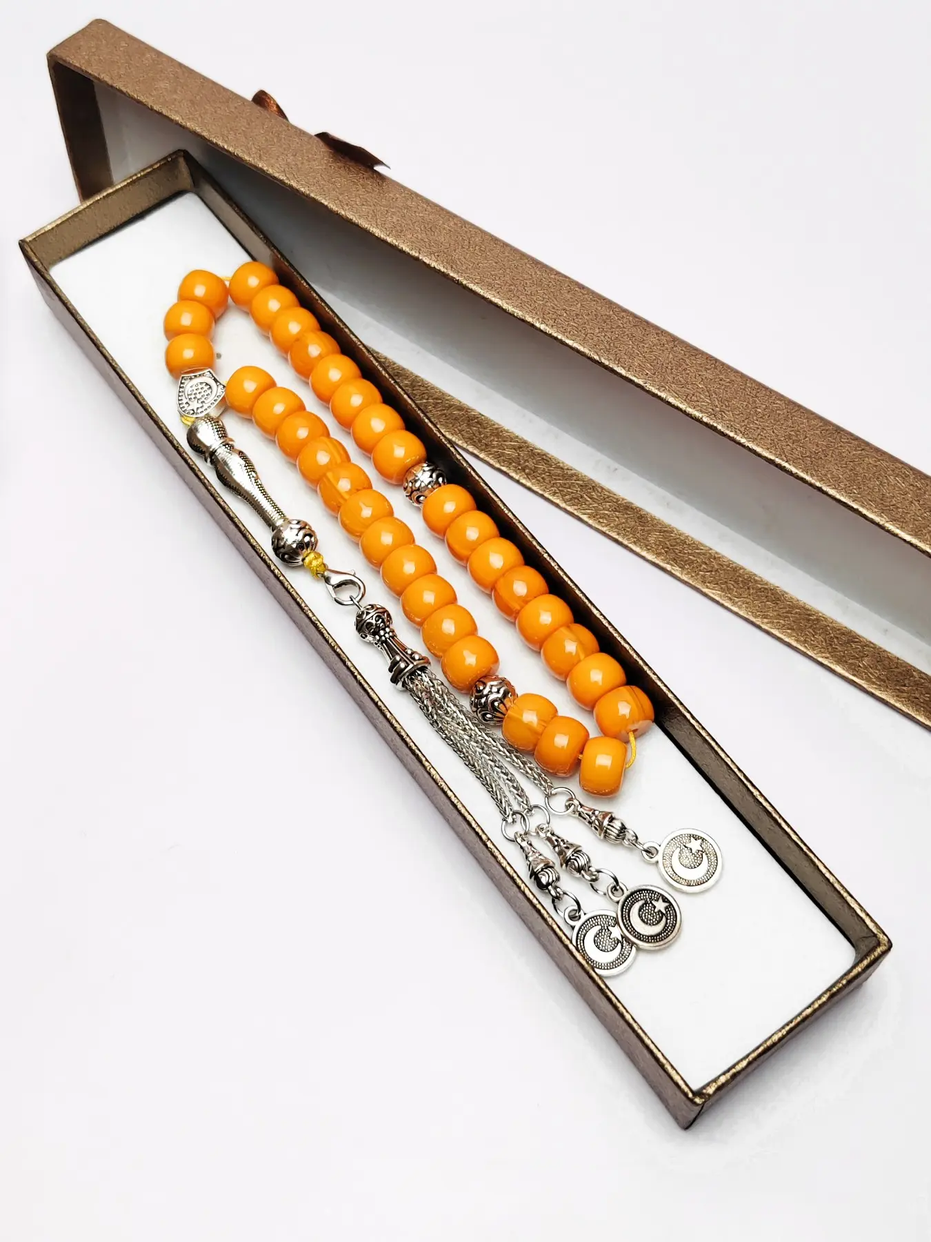 33 Amber Bead Bracelet with Detachable Star Moon Pendant, Islamic Tasbih Prayer Counter, Ramadan Eid Gift, Middle Eastern Jewelry