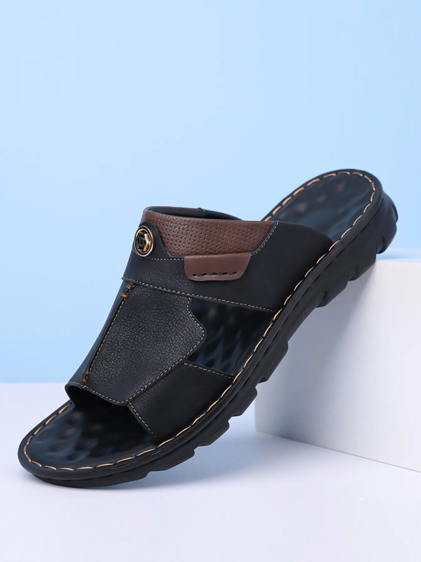 Men's Fashion Versatile Sandals, Thick Sole Non-Slip Leather Casual Shoes, Lightweight Comfortable Footwear for Beach Daily Wear Summer Outdoor