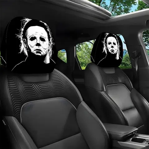 2 Pcs Horror Character Print Car Headrest Covers, Dark Style, Elastic Fit, Durable Headrest Protector for Cars, Trucks & SUVs, Vehicle Interior Decor, Car Decorations