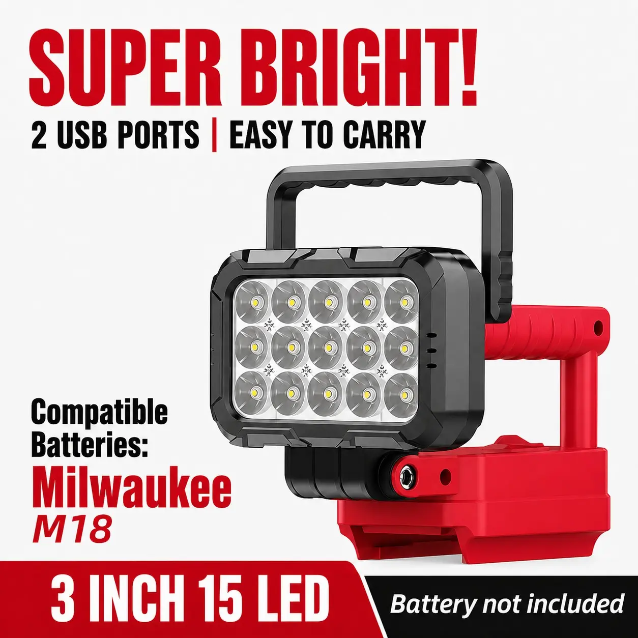 Wireless LED Work Light for Milwaukee 18v Battery, 12w Wide Beam Flood Light, Dual USB Charging Ports, Ideal for Emergency, Workshop, Garage, Portable Working Lights