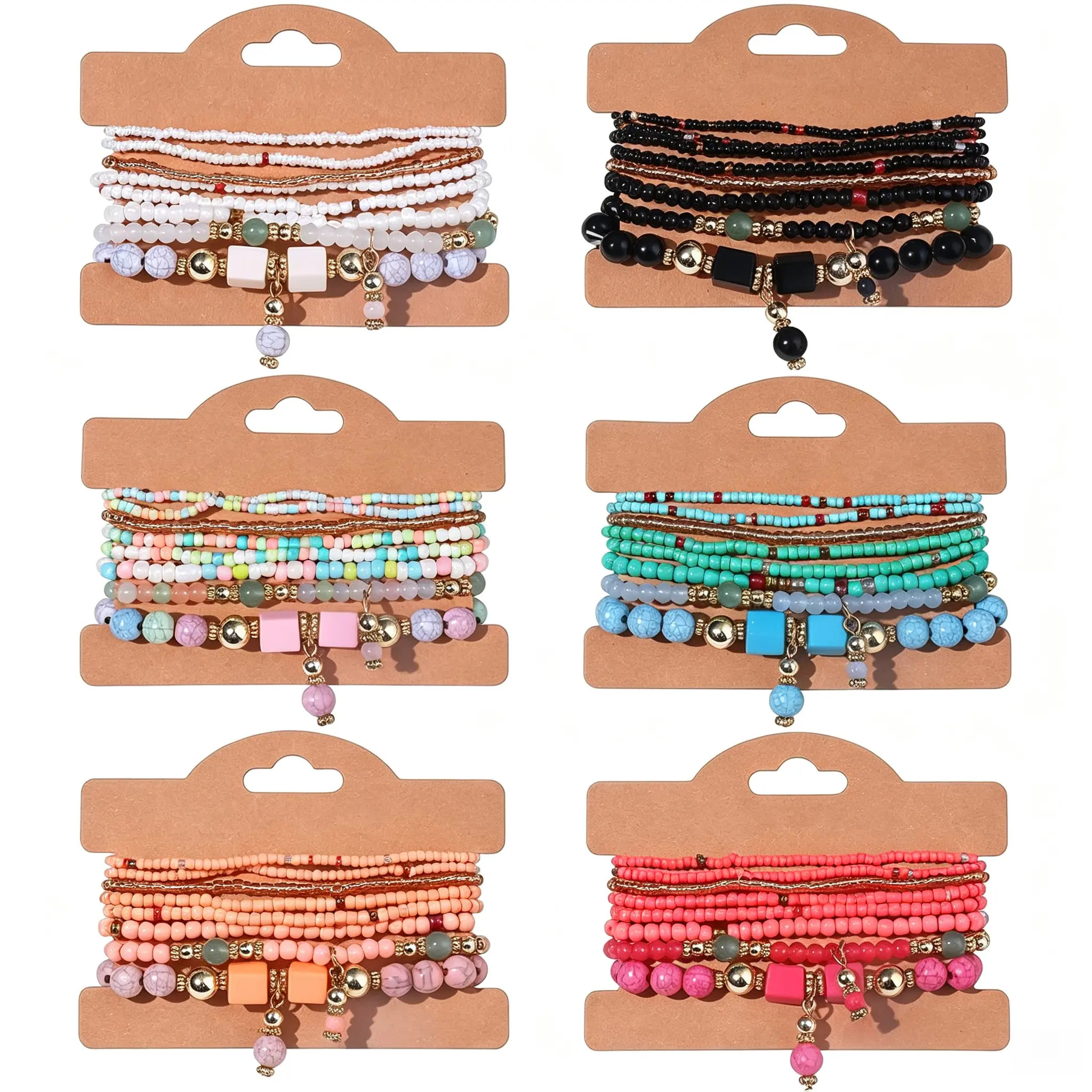 6 Sets Boho Stackable Beaded Bracelets – Colorful Stretch Layered Jewelry, Dainty Gift for Women