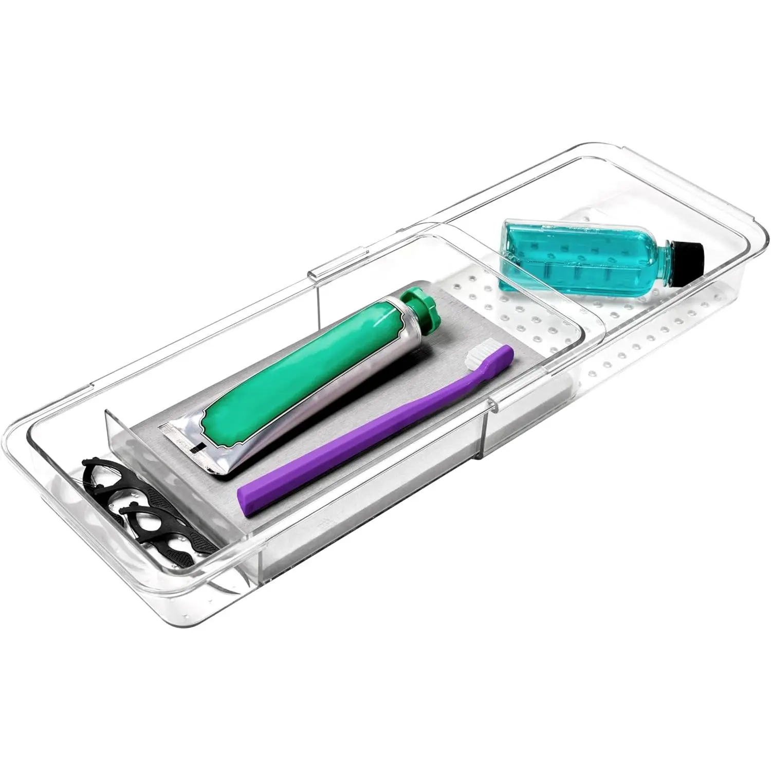 Expandable Toothbrush Drawer Organizer with Drying Stone, Clear Dental Organizer Tray for Bathroom Drawers, Toothpaste Holder, Dental Floss, Water Flosser and Mouthwash, 12 to 20 Inch