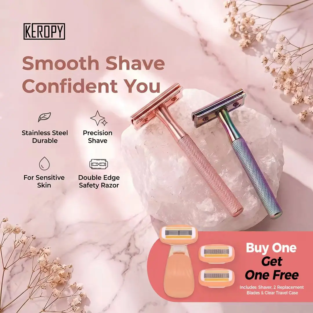 [Free Gift] Women's 3-Piece Double Edge Rose Gold Safety Razor with 10 Blades,Buy One Get A Mini Razor For Free