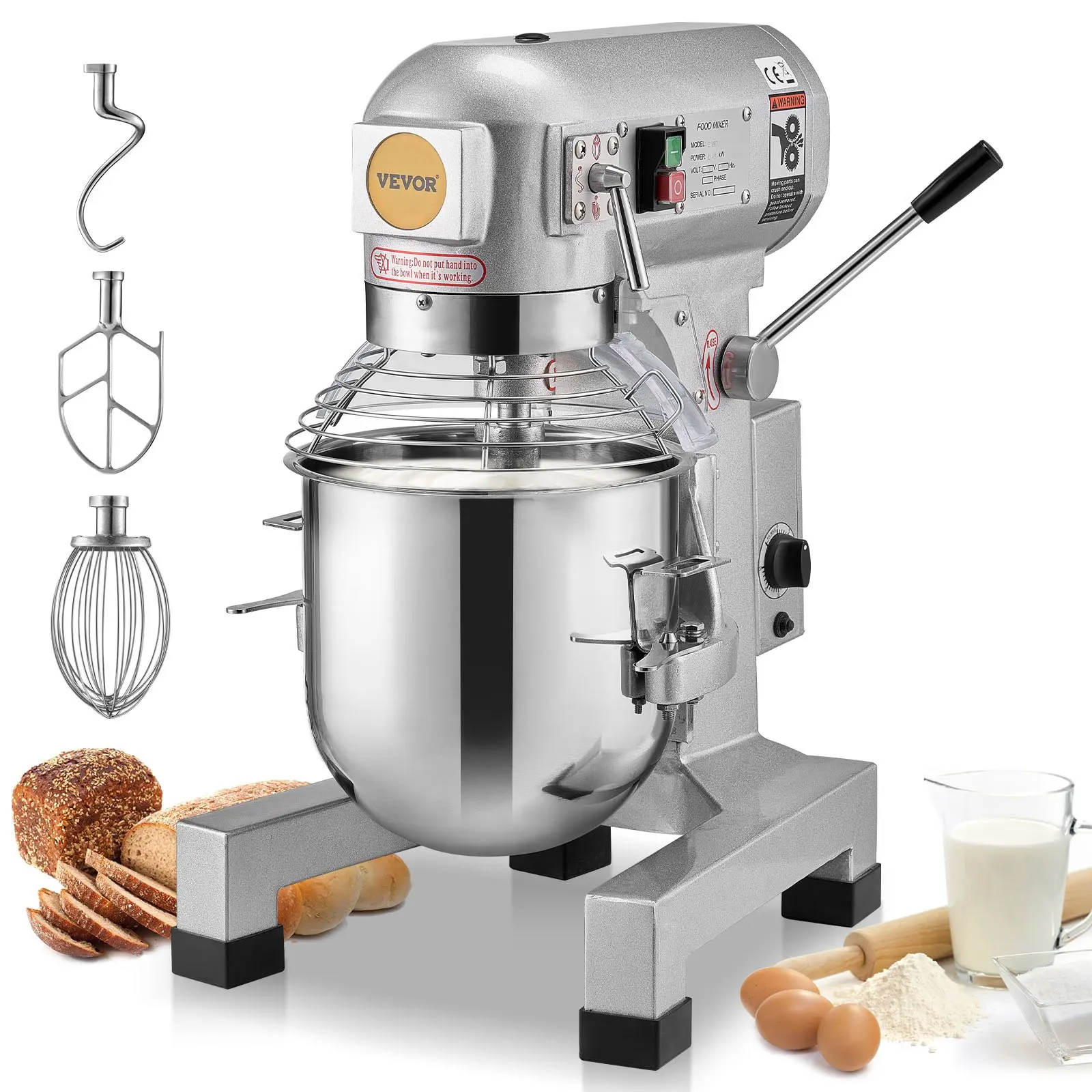 VEVOR Commercial Food Mixer, 28.5L Commercial Stand Mixer with 3 Adjustable Speeds, 1100W Dough Mixer with Stainless Steel Bowl and 3 Mixing Attachments, Ideal for Restaurant, Bakery, Pastry shop, Caf