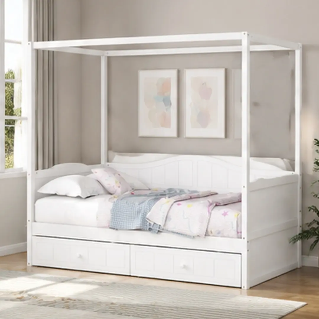ARCH Modern Twin Size Canopy Day Bed Frame with 2 Storage Drawers - Solid Wood+MDF Build, White/Gray Options, Assembly Required, Wipe Clean, Space-Saving for Teens Room Bedroom - 41.30 W x 77.60 D x 66.10 in, Storage Organization, Bed Frame Storage Soluti