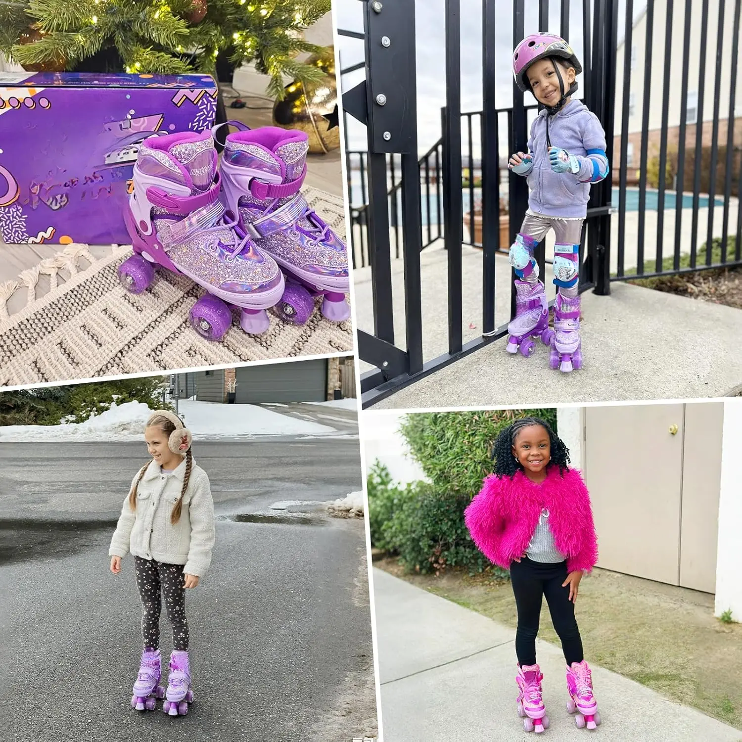 Kids Roller Skates for Girls Kids, 4 Sizes Adjustable Girls Roller Skates for Ages 3-12 with Light up Wheels & Safety Protection - Cool Birthday Gift for Indoor Outdoor Sports