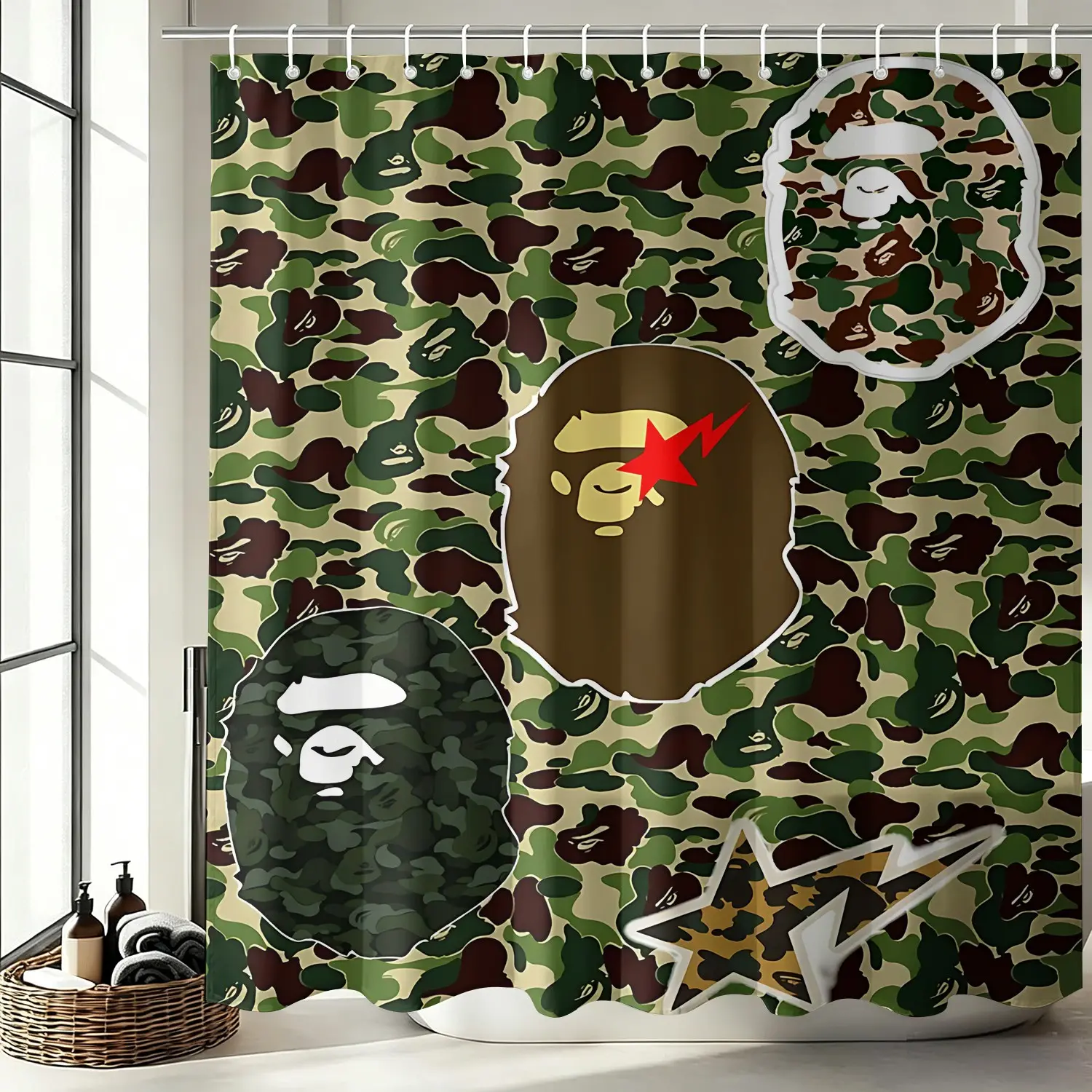 Streetwear Classic Camouflage Shower Curtain, Vintage Green Blue Grey Black Galaxy Monkey Face Print, Cool Hip Hop Bathroom Decor for Teens & Men, Trendy Youth Fashion Shower Curtain with Hooks, 72 x 72 Inch