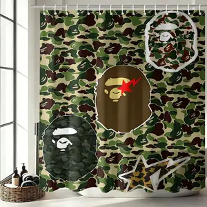 Streetwear Classic Camouflage Shower Curtain, Vintage Green Blue Grey Black Galaxy Neon Monkey Face Pattern Cool Hip Hop Teen Men Bathroom Decor, Trendy Youth Fashion Shower Curtains with Hooks 72X72Inch