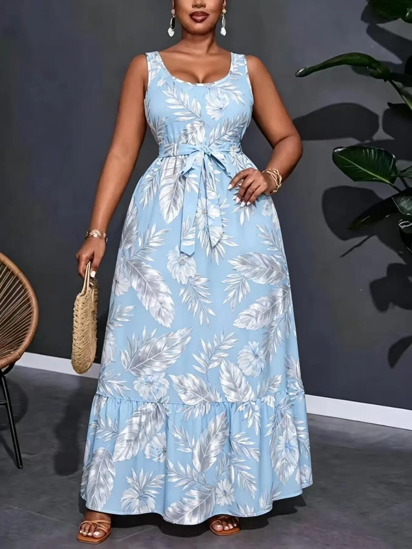 Plus Size Women's New Leaf Print Long Dress, Bohemian Style Sleeveless Tie Waist Dress, Summer Wear for Beach & Vacation, Casual Chic Flowy Dress