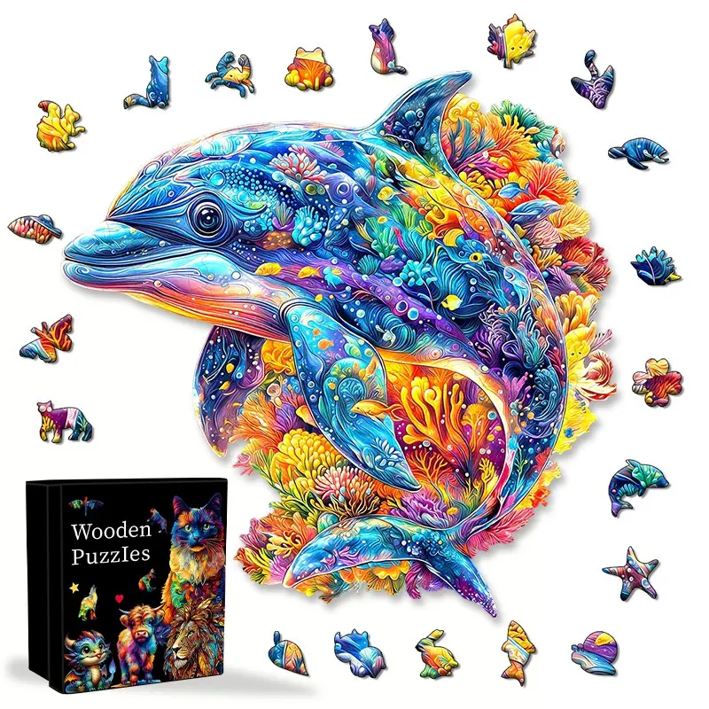 Ocean Coral Dolphin Wooden Puzzle, Unique Animal-Shaped Pieces, High-Saturation Colors, Stress-Relieving Educational Toy, Wall Decor Gift, Wooden Handmade Puzzle