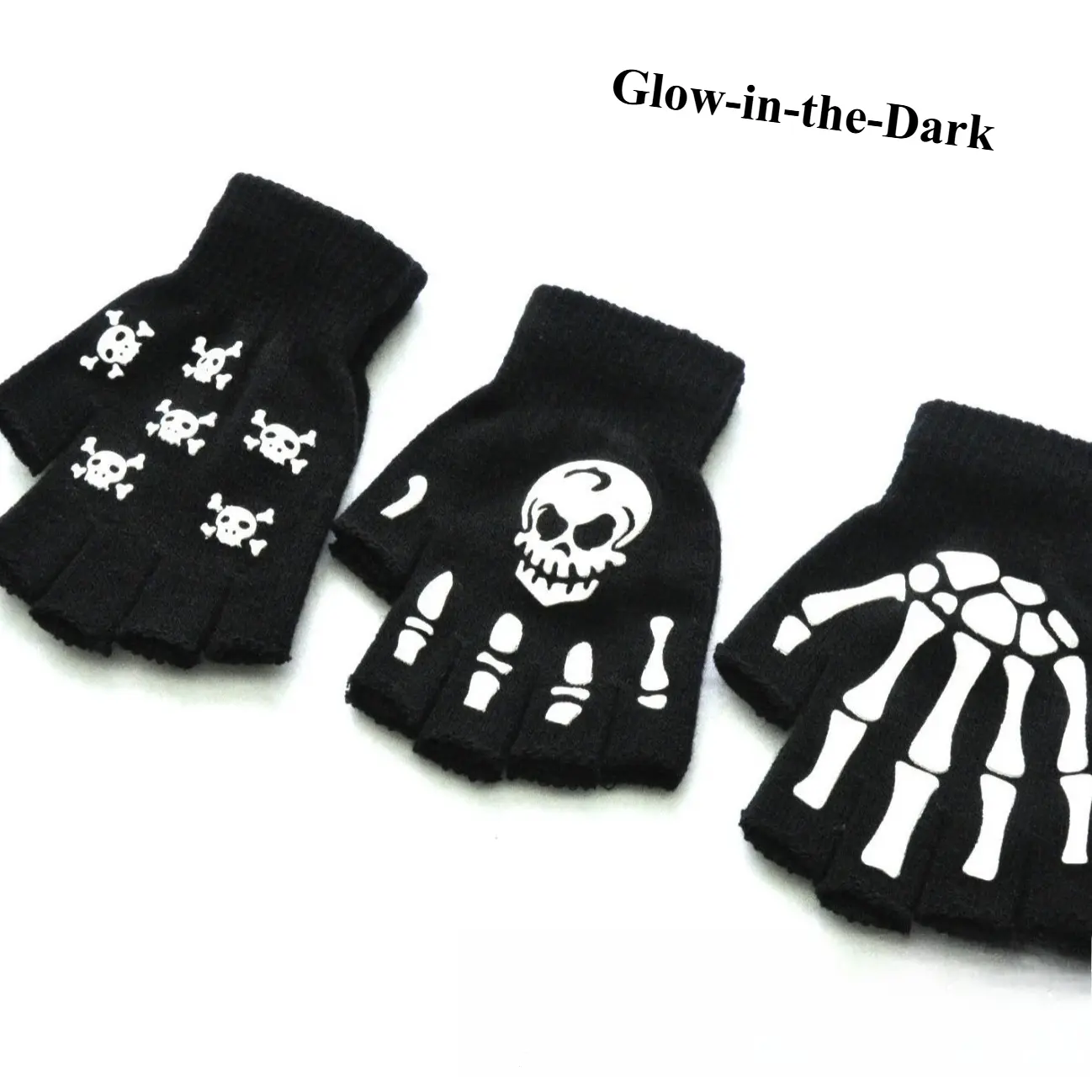 Glow in the Dark Skull Fingerless Gloves – Winter Knit Half Finger Cycling Gloves, Halloween Skeleton Print Aesthetic Warm Grip Gloves for Riding & Outdoor Use