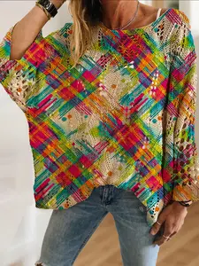 Women's Colorful Graffiti Geometric Dot Print Long Sleeve Knit Top, Casual Elegant Vacation Style Sweater, Comfortable Breathable Women's Shirt
