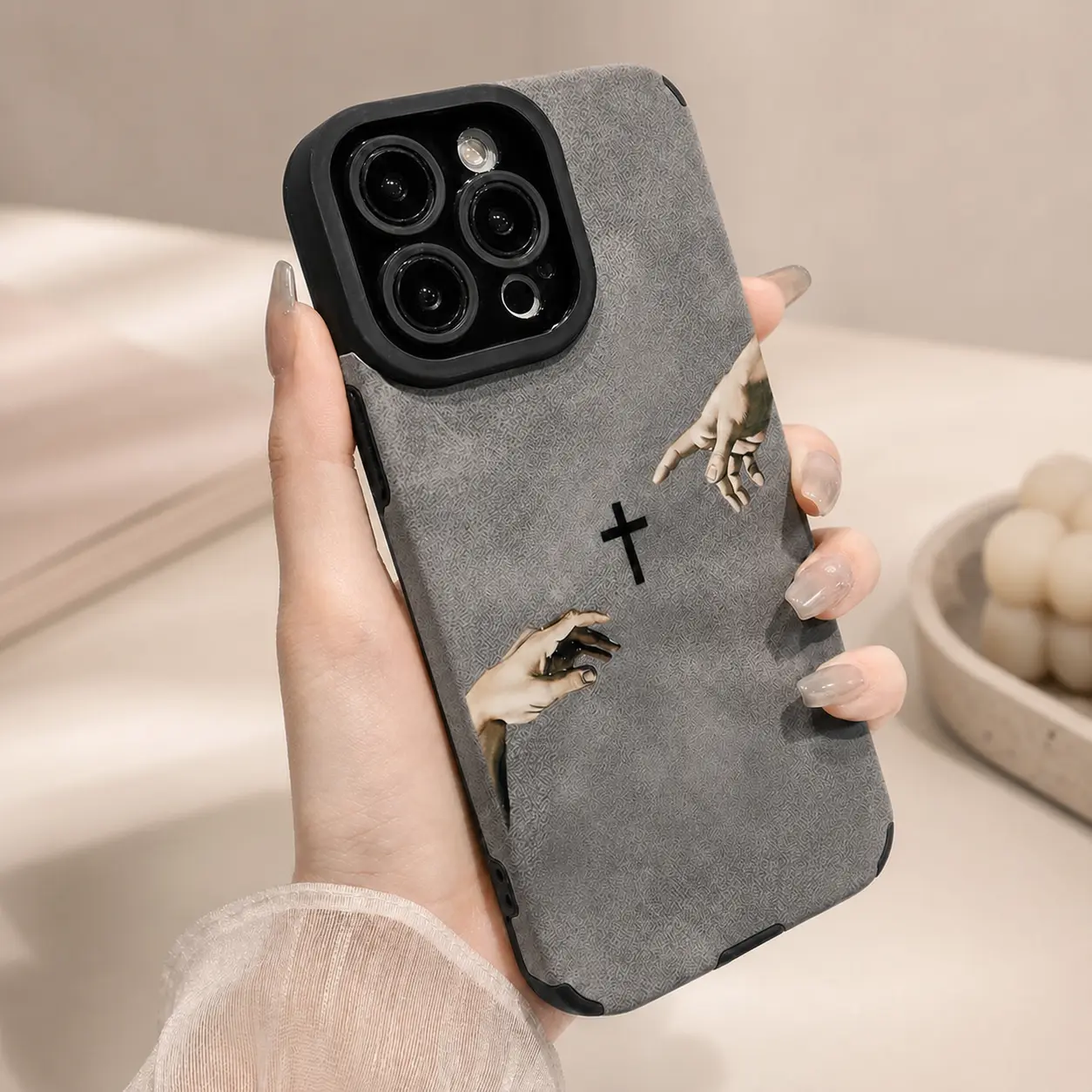 Catholic-Themed God's Hand Pattern Fine Hole Fur Phone Case - Protective Drop-Proof Shockproof Phone Accessory for iPhone 17 ProMax,17 Air,16 Plus,15 Pro,14,13,12,11,X,XS Max & Note11Pro - Unisex, Pumpkin,Drink Designs
