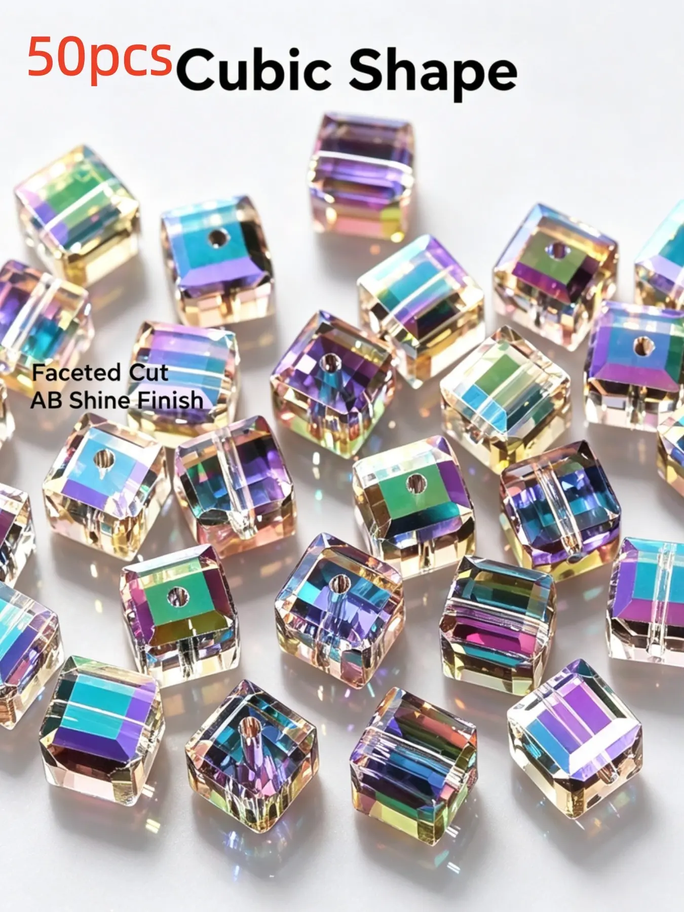 50 Pieces Rainbow Ab Square Crystal Beads, Multifaceted Polished Cubic Loose Beads, Aurora Shine Transparent Glass Beads for Necklaces Bracelets, DIY Jewelry Making, DIY Craft Supplies